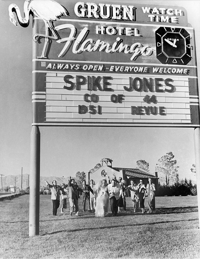 Newlyweds exit a chapel in Las Vegas where they just pronounced tehri wedding vows, 1951