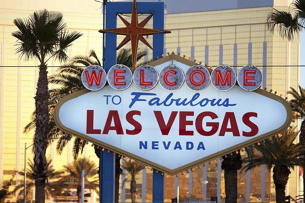 Late afternoon light of famous Welcome to Fabulous Las Vegas sign, 1950s