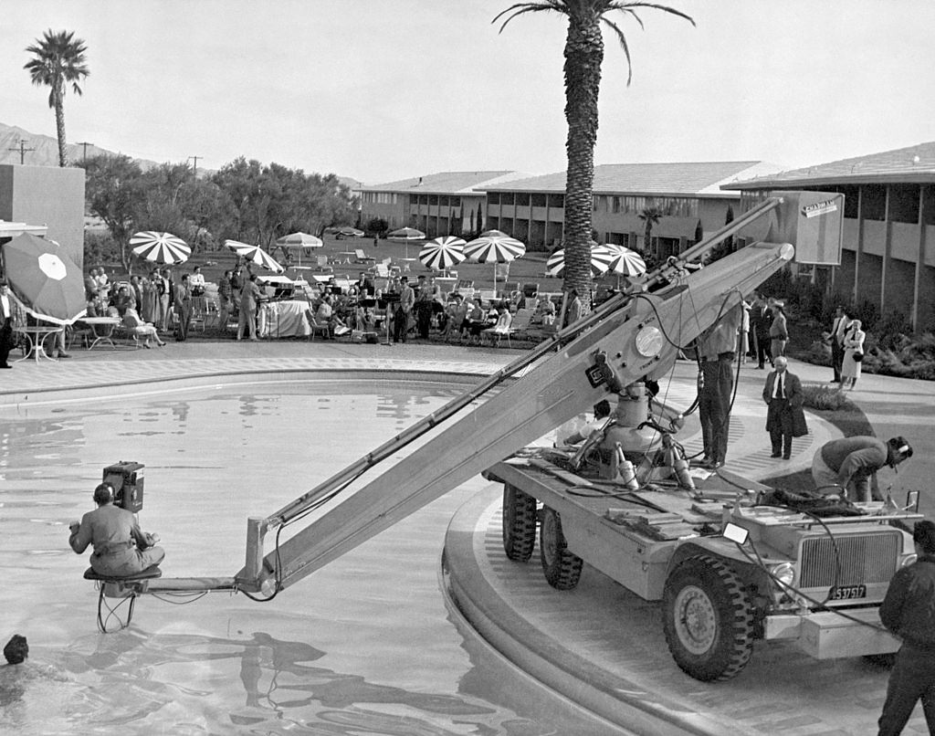 Frank Sinatra with crew and band in 1955 at the Sands Hotel Las Vegas.