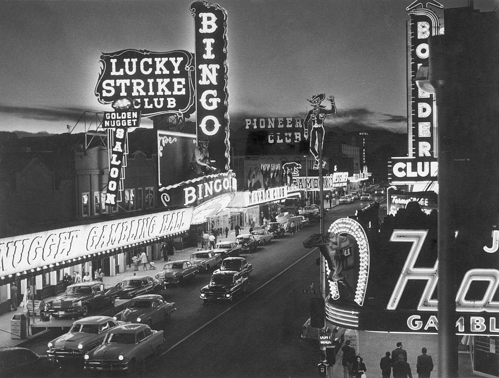 A view of Las Vegas Strip with clubs and casinos, 1958.