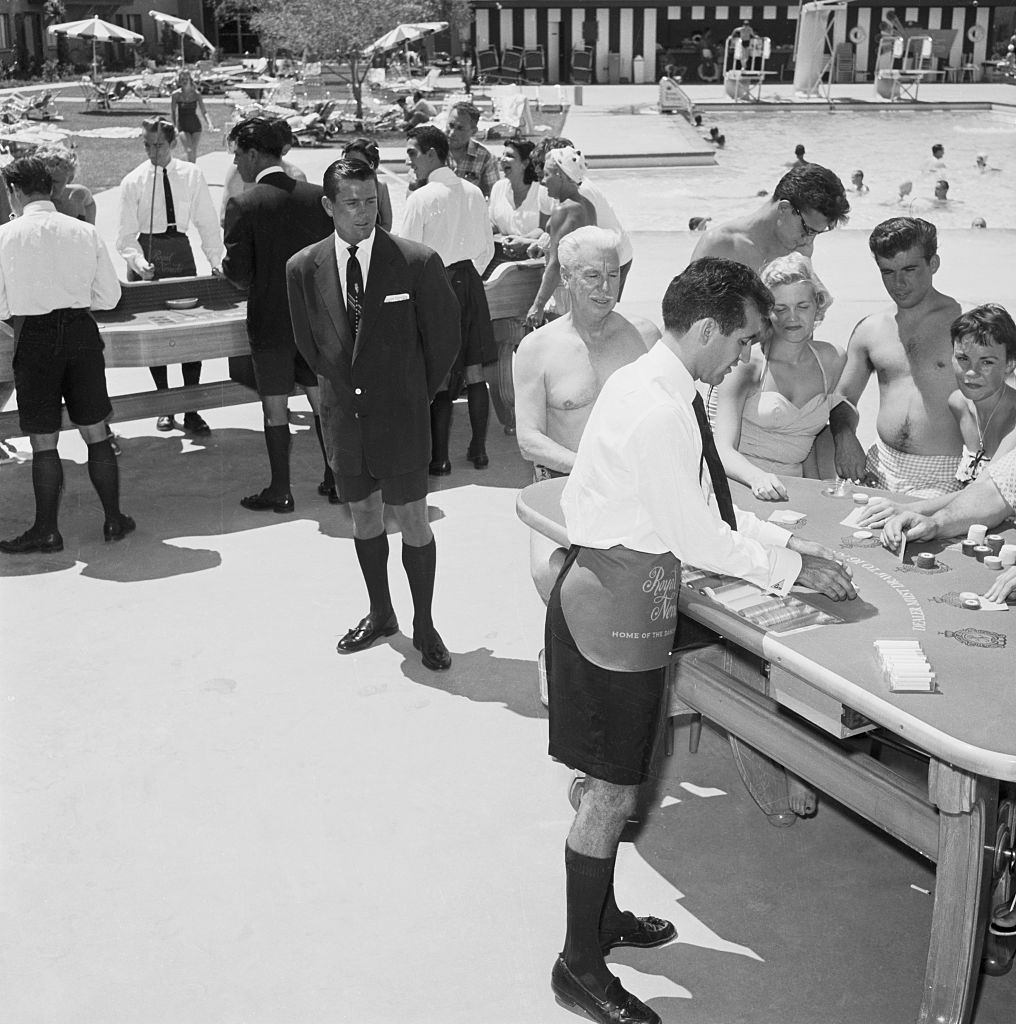 Outdoor gaming tables of the Royal Nevada Hotel, 1955.