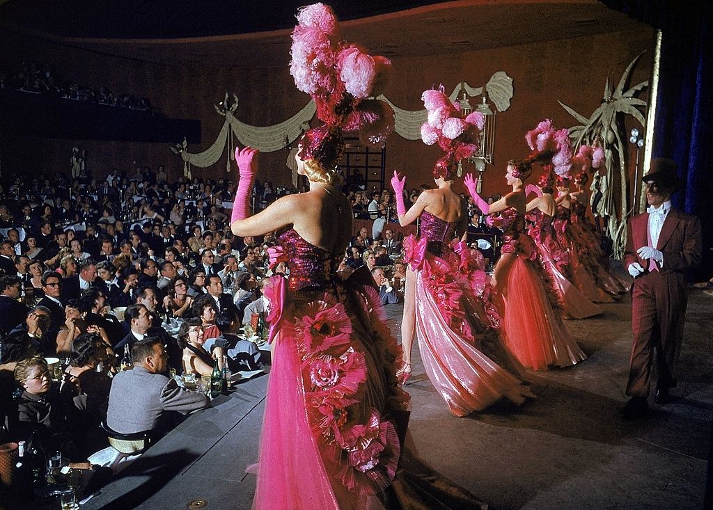 Las Vegas chorus showgirls performing at the Dunes Nightclub, 1955.