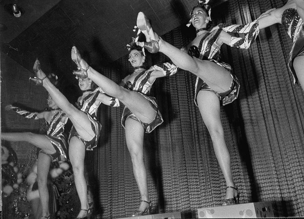 Leggy hoofers called the Saharem Dancers doing a precision number in the new Sahara Hotel, 1952.