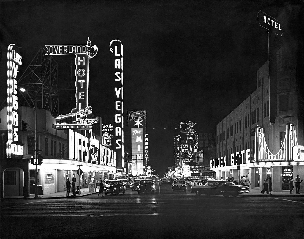 The Overland Hotel, Biff's Las Vegas Club and the Golden Gate casino on Fremont Street in Downtown Las Vegas, 1959.