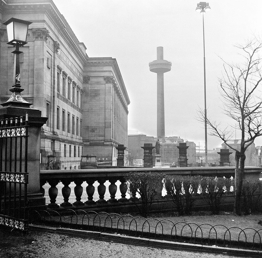 View of Liverpool showing St George's Hall, with the iconic Radio City Tower in the background, Merseyside. Circa 1970.