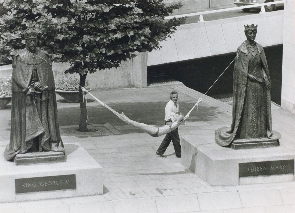 Moya Kirkby sunbathing in Liverpool city centre, June 1976.