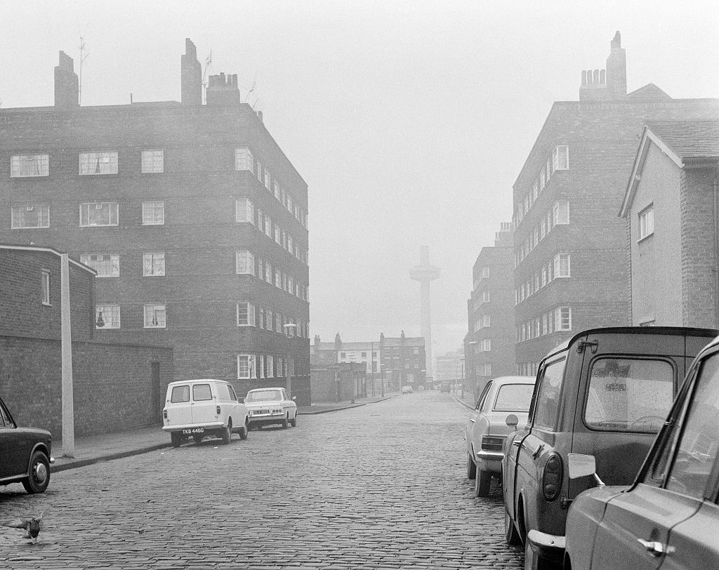 View of a street in Liverpool showing the iconic Radio City Tower in the background, Merseyside. Circa 1970.