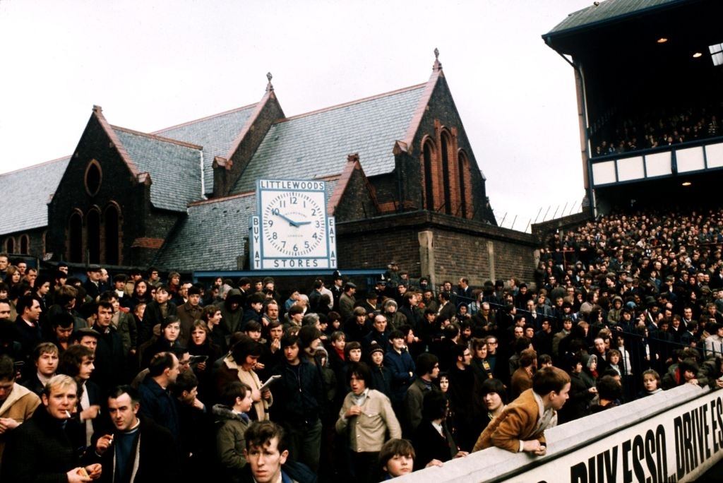 A view of the Church of St Luke the Evangelist, which sits in the corner of Goodison Park, 1970s.
