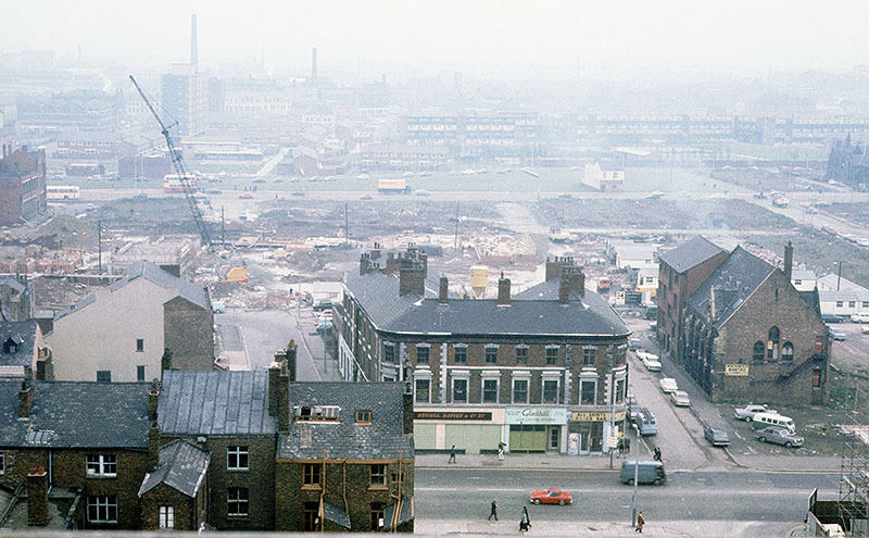 View across Oxford Road at All Saints, looking east from the Chatham Building, November 1970.