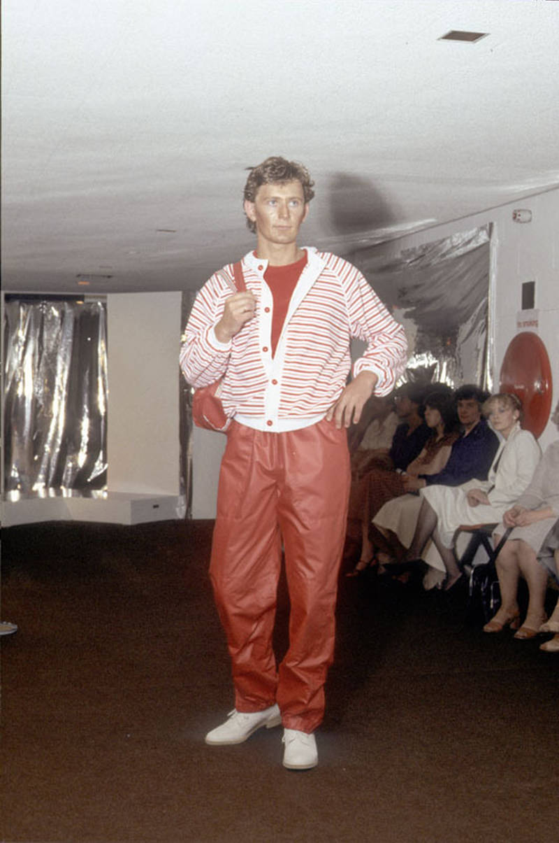 Model wearing clothes designed by a student at Manchester Polytechnic Faculty of Art and Design’s fashion show, 1979