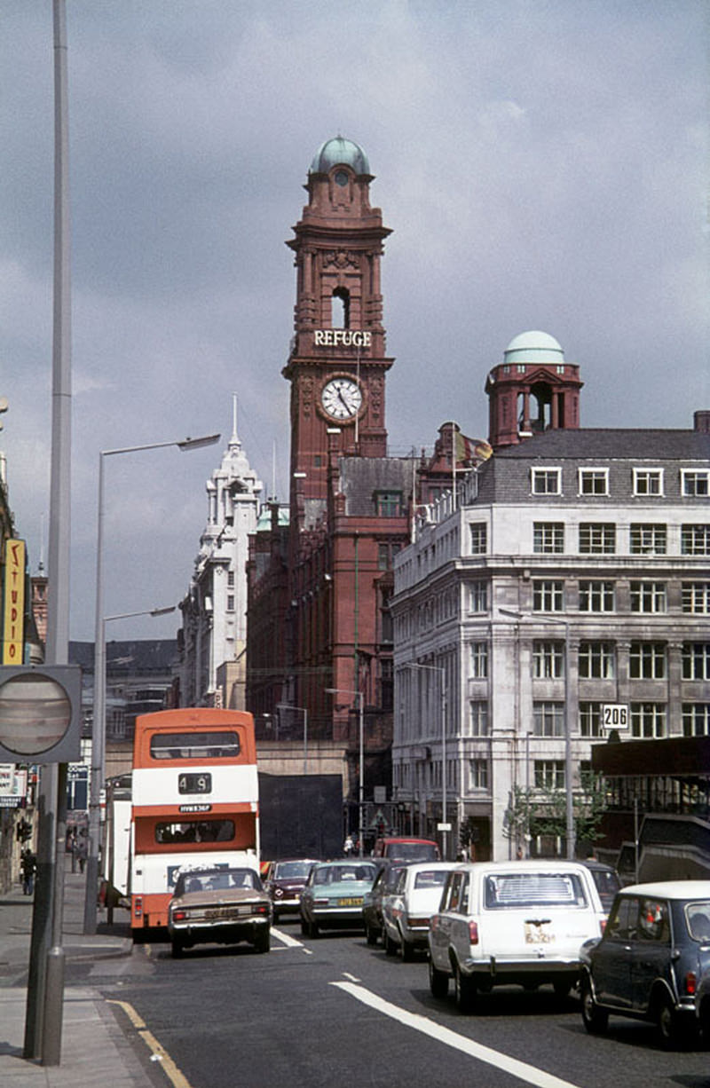 View north along Oxford Road, towards St Peter’s Square in 1976.