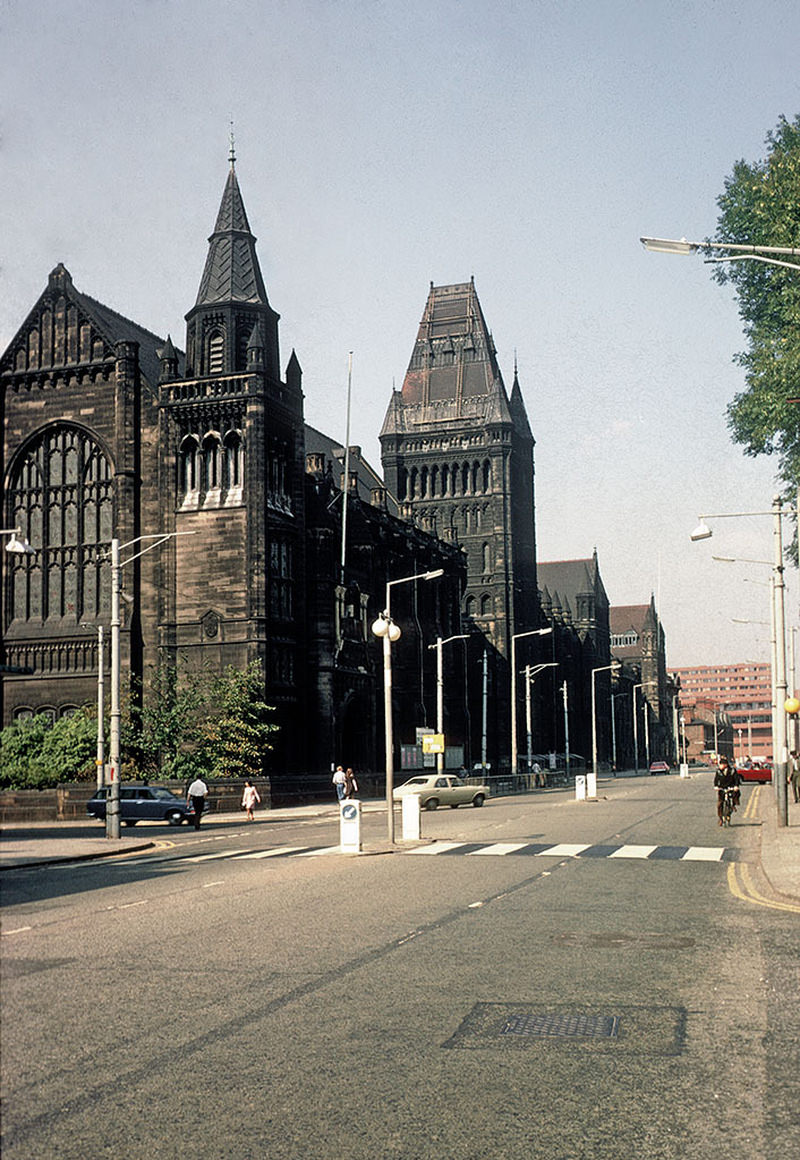 The Victorian buildings of the University of Manchester on Oxford Road, looking north towards the city centre. Photographed in September 1971.