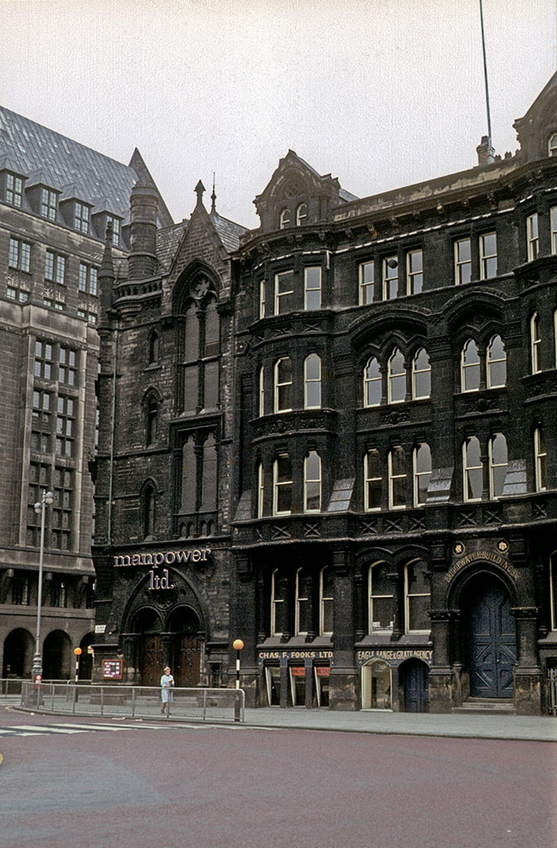 St Andrew’s Chambers and Bridgewater Buildings on Lloyd Street, on the south side of Albert Square, photographed around 1970.