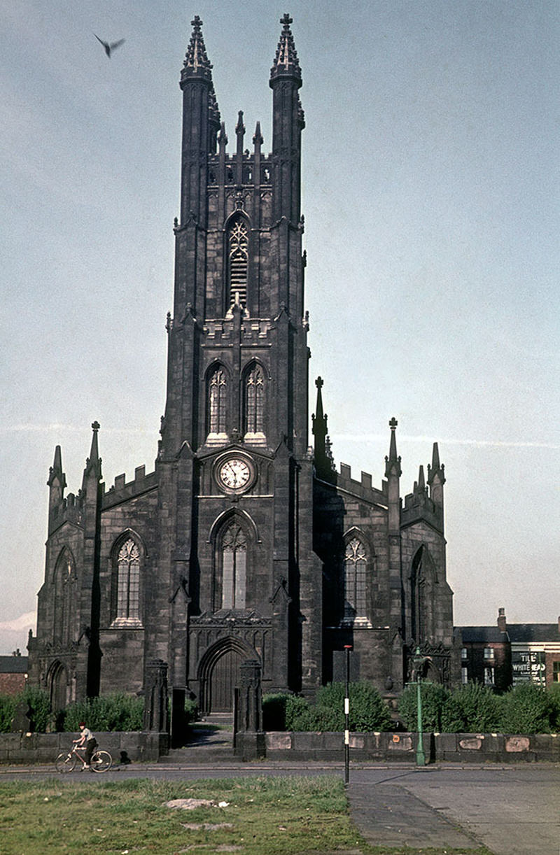 The west front of St George’s church on Chester Road, Hulme, around 1970