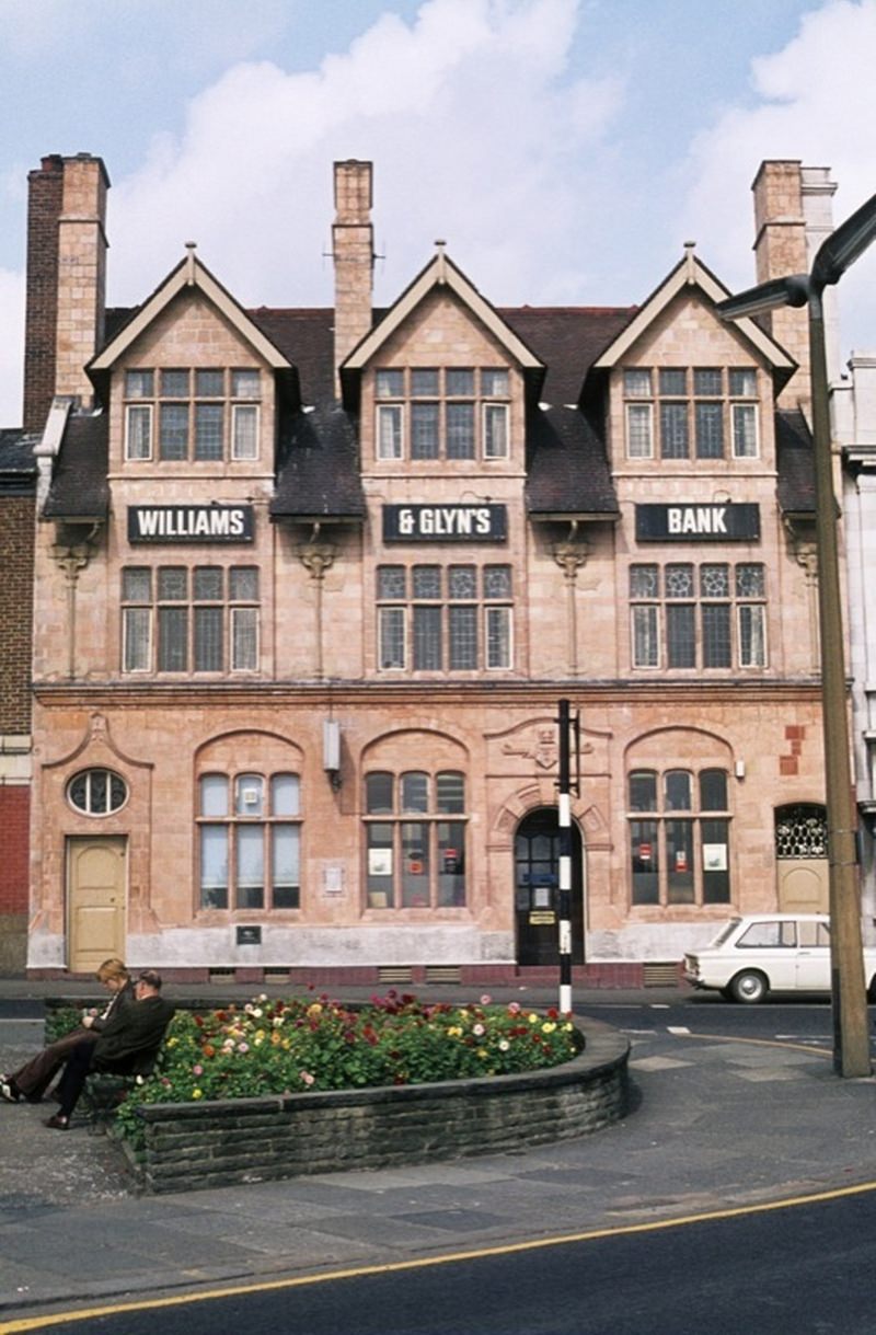 Williams and Glyn’s Bank, Market Place, Middleton, early 1970s. Designed by Edgar Wood for the Manchester and Salford Bank and built in 1892.