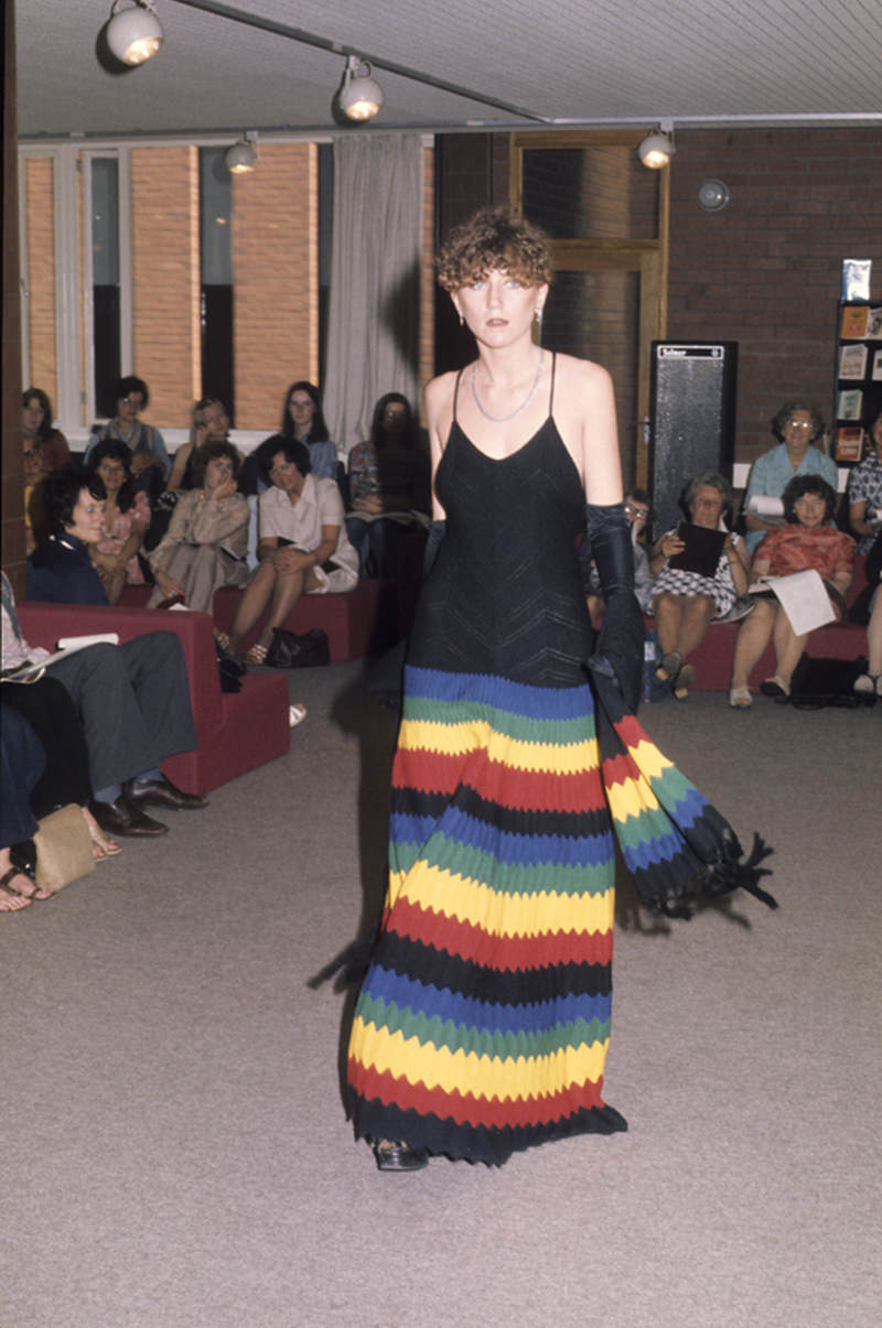 Model displaying student work at the dress show at Manchester Polytechnic’s Faculty of Art and Design in 1975.