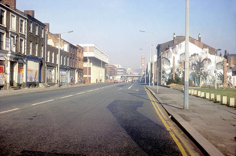 View north along Oxford Road at All Saints, looking towards Manchester City Centre, 1976.