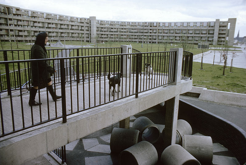 Pedestrian ramp to the access decks of Charles Barry Crescent, with children’s play area beneath.