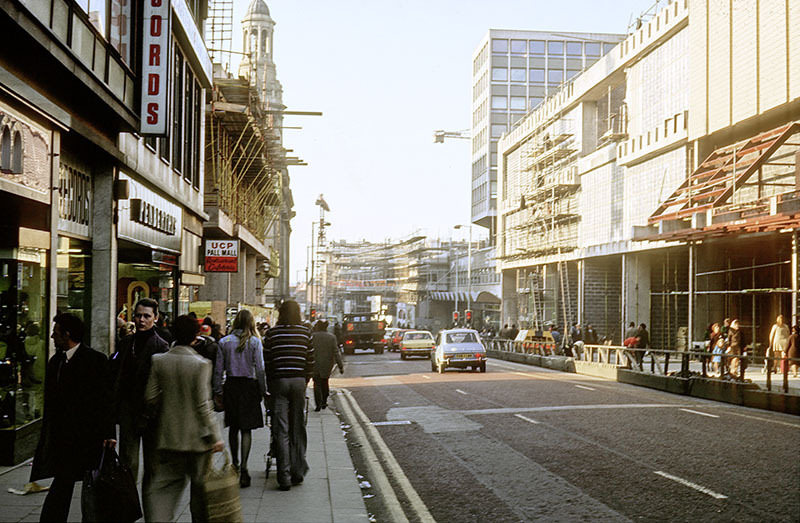 View along Market Street towards St Mary’s Gate and Deansgate in 1975, during construction of the Arndale Centre (right).