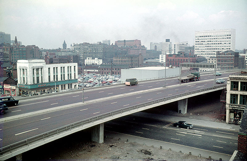 The elevated section of the Mancunian Way, crossing Oxford Road. Taken from the Cavendish School at All Saints, c. 1970.