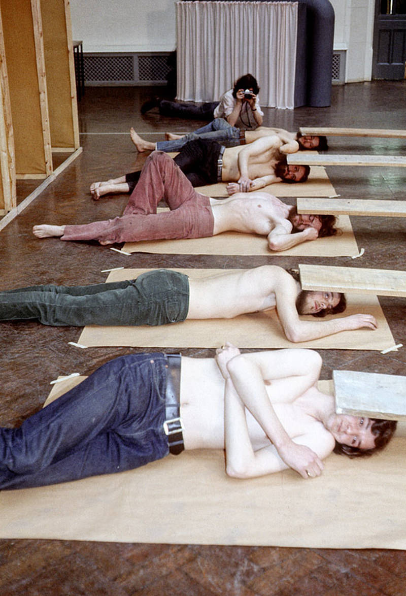 Post-graduate sculpture students take part in a performance entitled ‘Murphy’ in the gallery of Manchester Polytechnic’s Faculty of Art and Design in March 1971.