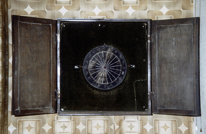 A well used Manchester dartboard in the vault of the Lloyds Arms on Higher Ormond Street around 1974.