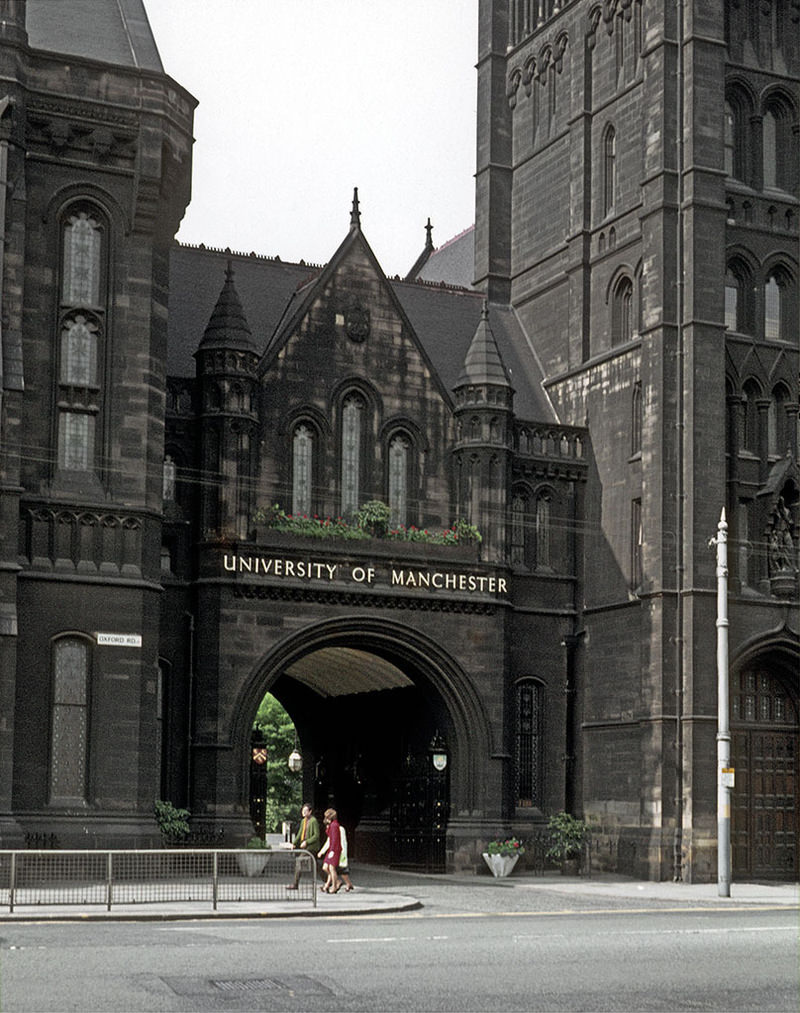 The Oxford Road entrance to the quadrangle at the University of Manchester, around 1970.