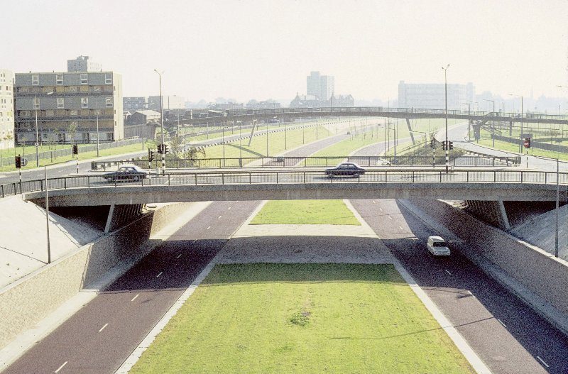 View from Hulme Walk footbridge looking south along Princess Road, 1972