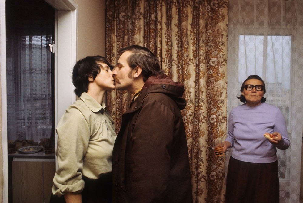The Kiss" Lech Walesa with his wife Danuta before heading off to work, 1980.