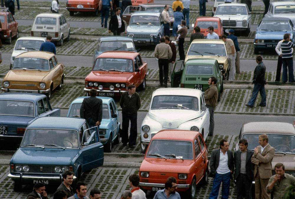 Used car market, Poznań, 1980s.