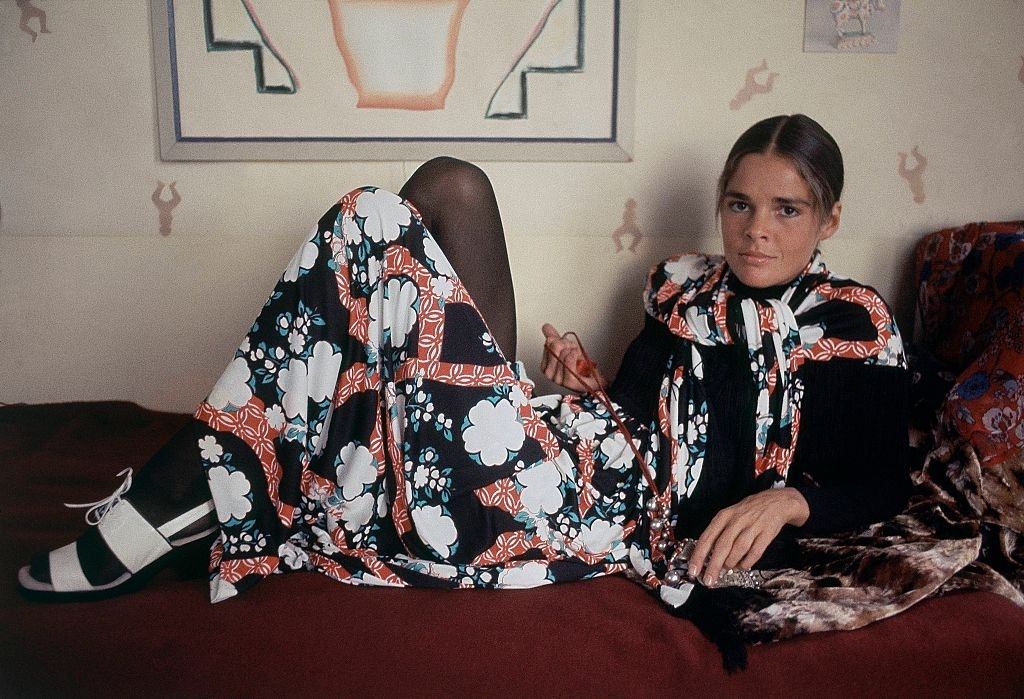 Ali MacGraw wearing a chinoiserie ensemble, 1970.