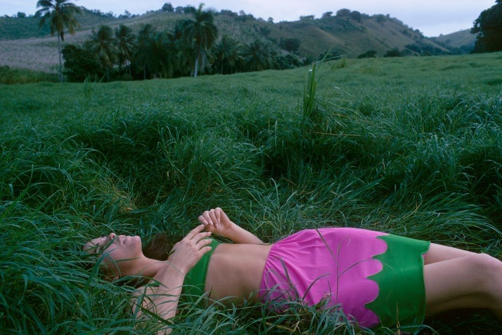 Ali MacGraw lying in grass, 1967.