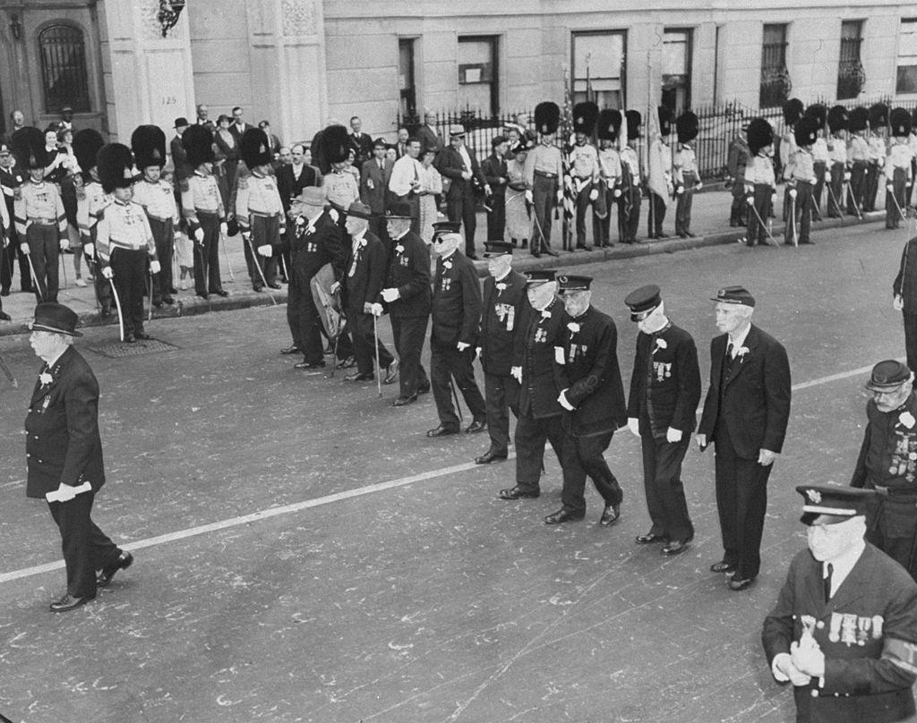 Civil War veterans march up Riverside Drive during the Memorial Day Parade, 1937.