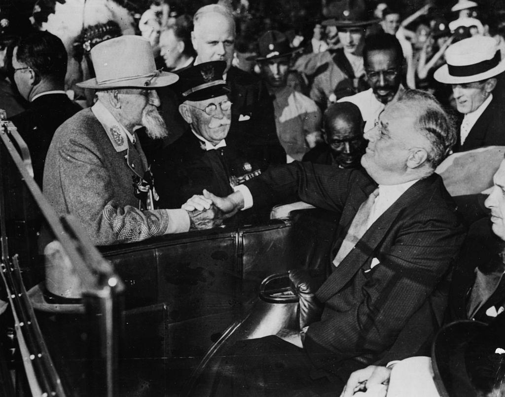 President Franklin D Roosevelt talking to Colonel Vance, an old Confederate veteran from the American Civil War, on the 75t anniversary of the Battle of Gettysburg.