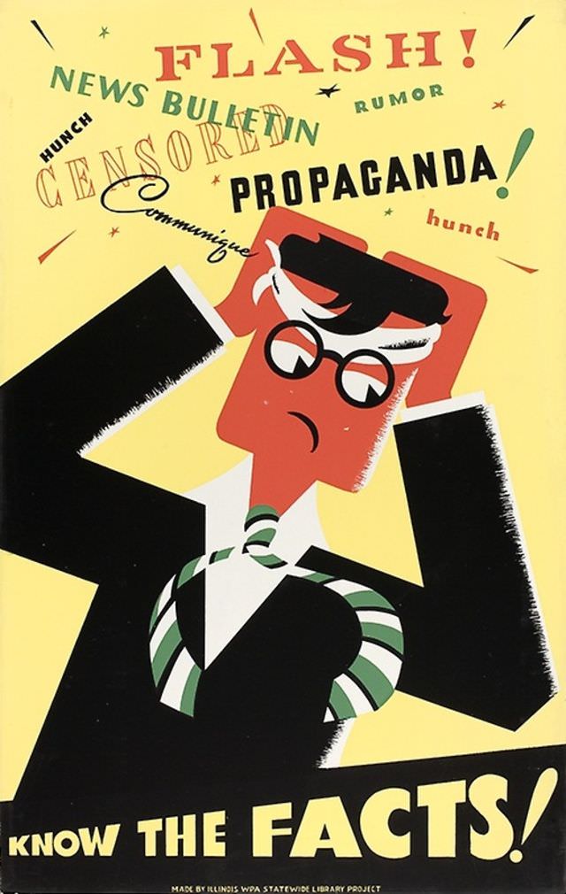 Know the Facts: A WPA poster, imploring the public to develop critical thinking skills, circa 1939