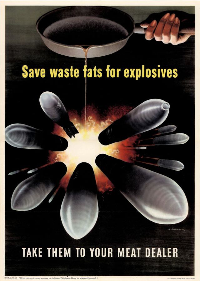 A WWII poster asking civilians to donate their cooking grease waste for making munitions, circa 1943