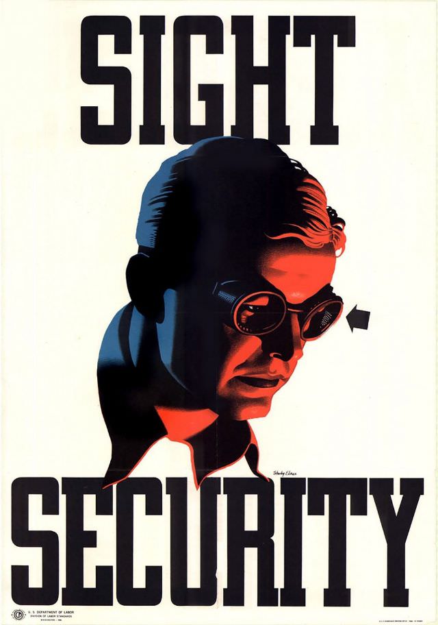 A World War II poster from 1944 promoting workplace eye safety