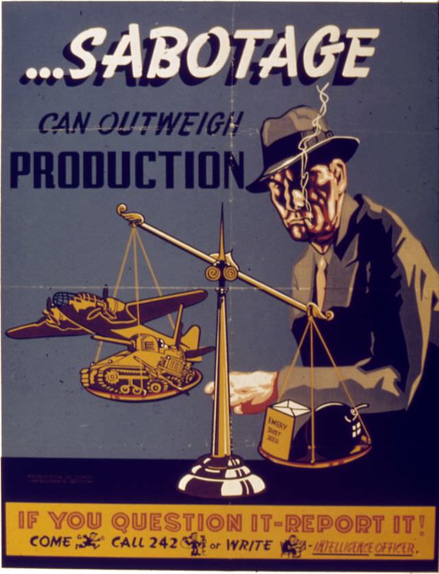 A World War II poster reminding war workers to remain vigilant against Axis saboteurs