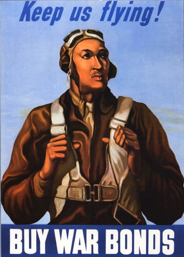 Keep Us Flying: Tuskegee Airman William Diez is featured in this World War II plea for Americans to buy war bonds. The poster is one of a series of patriotic posters sponsored by the Office of War Information