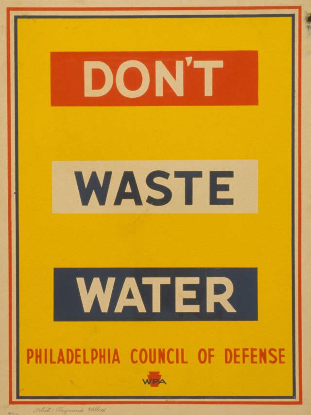 Poster promoting conservation of water for the war effort, Raymond Wilcox