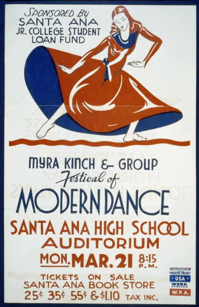 Poster for Federal Theatre Project presentation of “Myra Kinch and Group” in a concert of modern dance at the Hollywood Playhouse, showing a dancer flinging her skirt wide, 1938