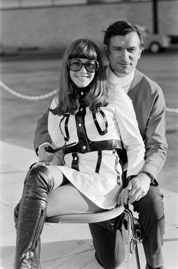 Barbara Benton with Hugh Hefner at Gatwick Airport, 1969.