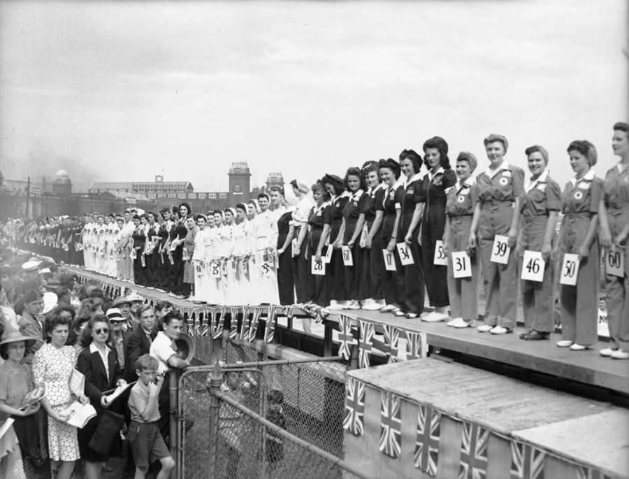 Participants line up during the Miss War Worker Beauty Contest in Toronto, Canada, 1942