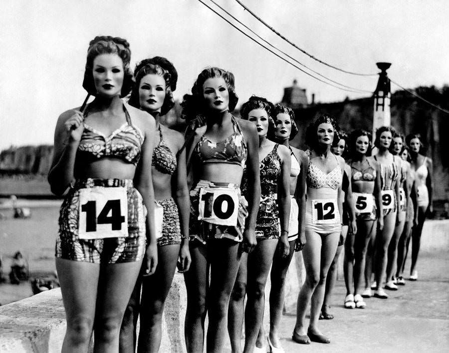 A perfect figure contest. Competitors wore facial masks so that the judges could see only the contestants' bodies, 1947.