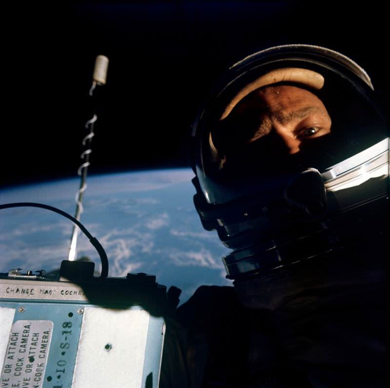 Astronaut Buzz Aldrin, pilot of the Gemini-12, takes a selfie in space, 1966.