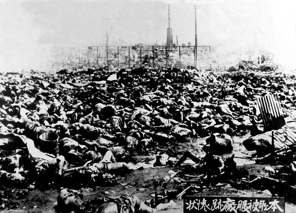 Bodies outside the Rikugun Honjo Hifukusho (the former Army Clothing Depot) in downtown Tokyo. Around 38,000 people were burned to death in the depot, having taken shelter there from the earthquake.