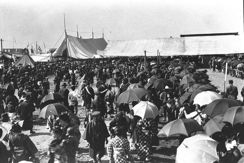 Relatives and family members of the victims at former Army Clothing Depot gather for 49-day memorial service of the Great Kanto Earthquake in October 1923.