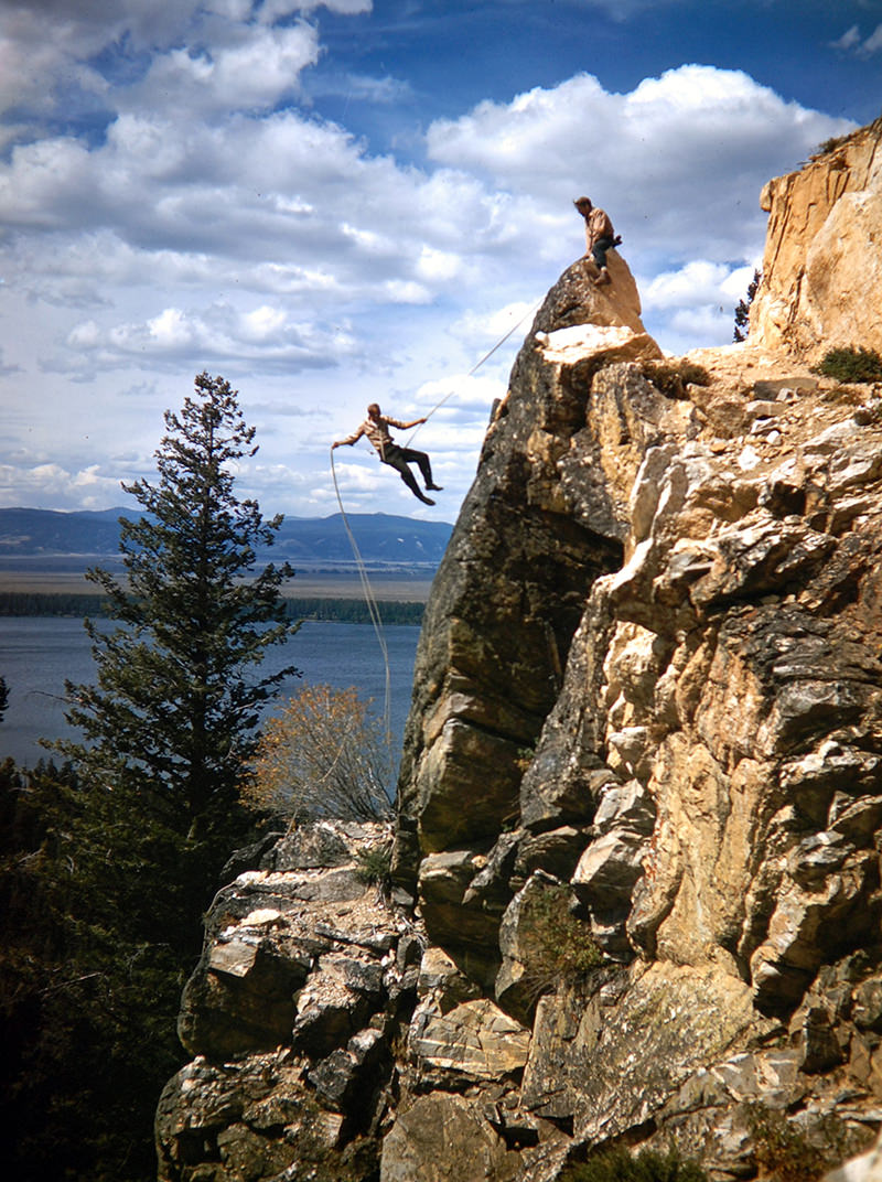 Tourists climbing mountain, Jackson Hole Valley, Wyoming, 1948.