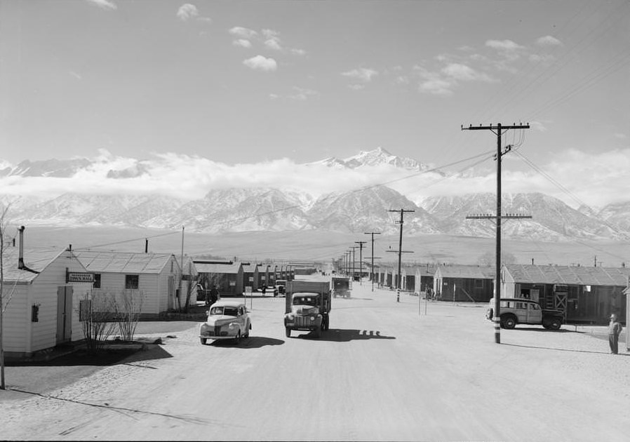 Two way traffic in the camp, and camp buildings.