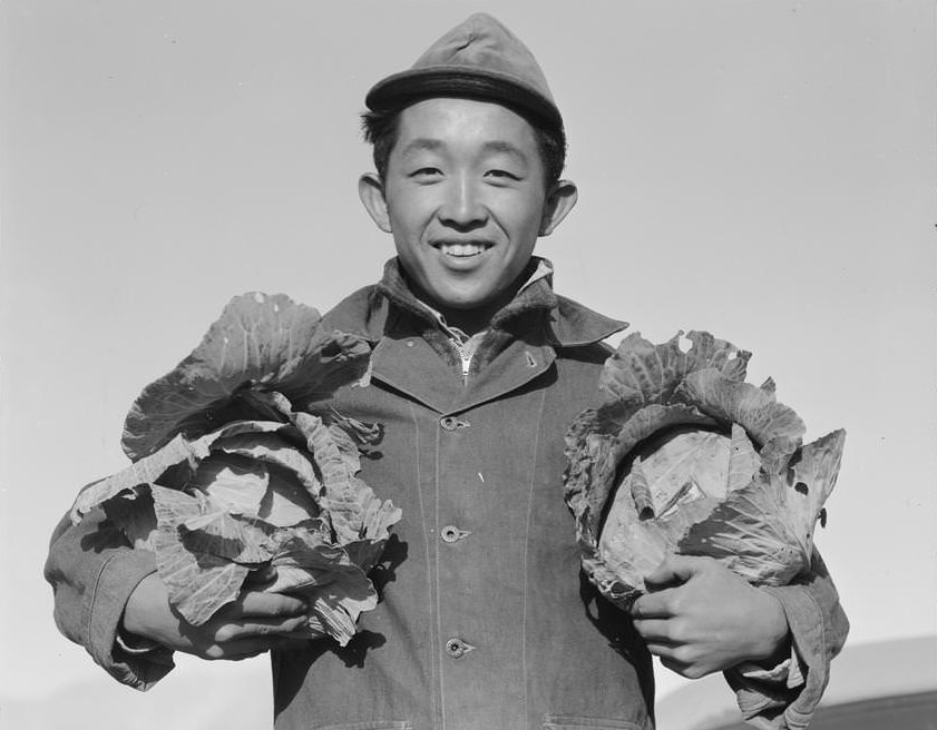 Richard Kobayashi, half-length portrait, standing, facing front, holding a head of cabbage in each hand.